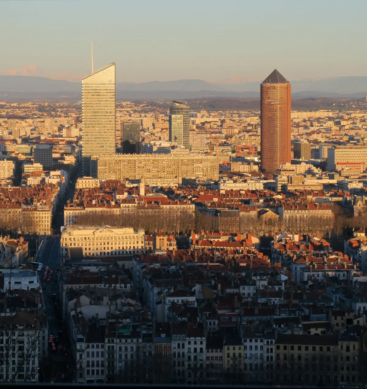 Les tours de la Part-Dieu au-dessus des toits de Lyon